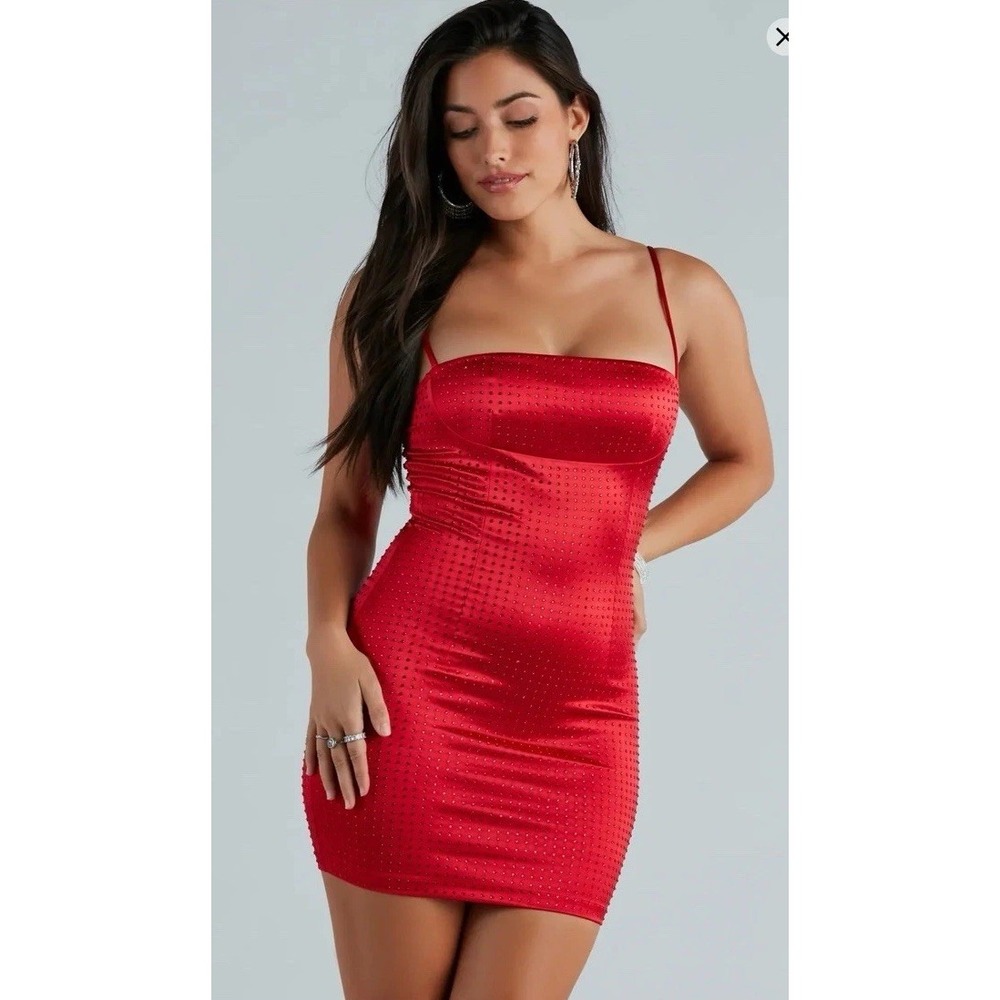 Windsor Red Satin Mini Dress Sz Large Rhinestone Slip Romantic Sexy Y2k